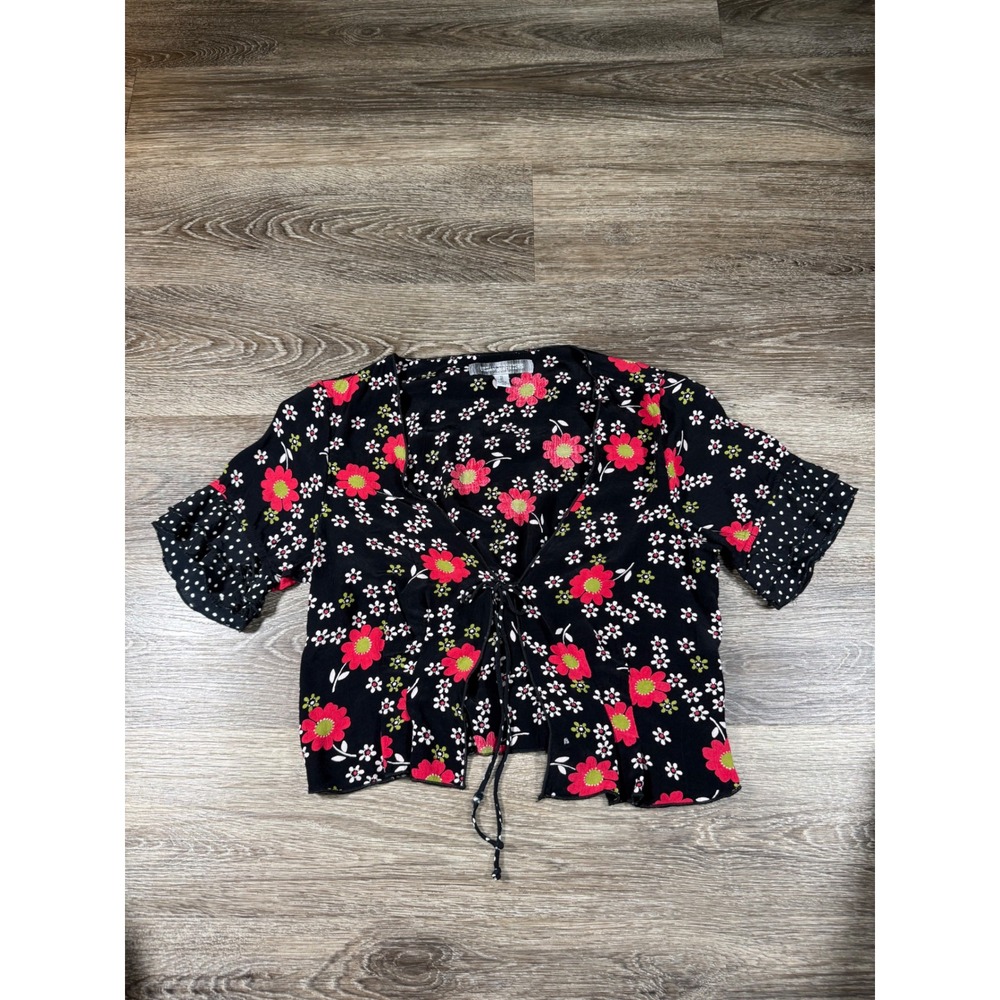 Urban Outfitters Floral Tie Front‎ Crop Bolero Cardigan Black Polka Dot Ruffle S